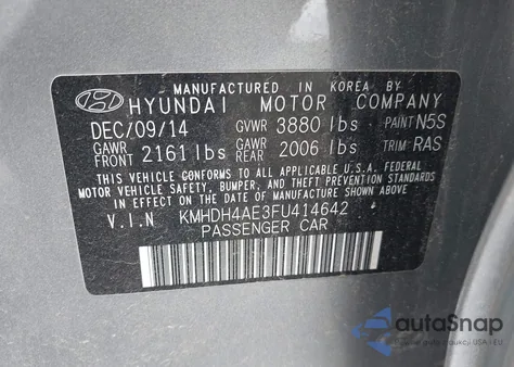 2015 Hyundai Elantra Se z USA, uszkodzony, nr VIN KMHDH4AE3FU414642